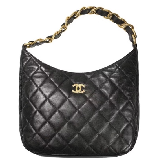 CHANEL Handbags - CHANEL Black and Gold Quilted Shoulder Bag with Iconic CC Logo